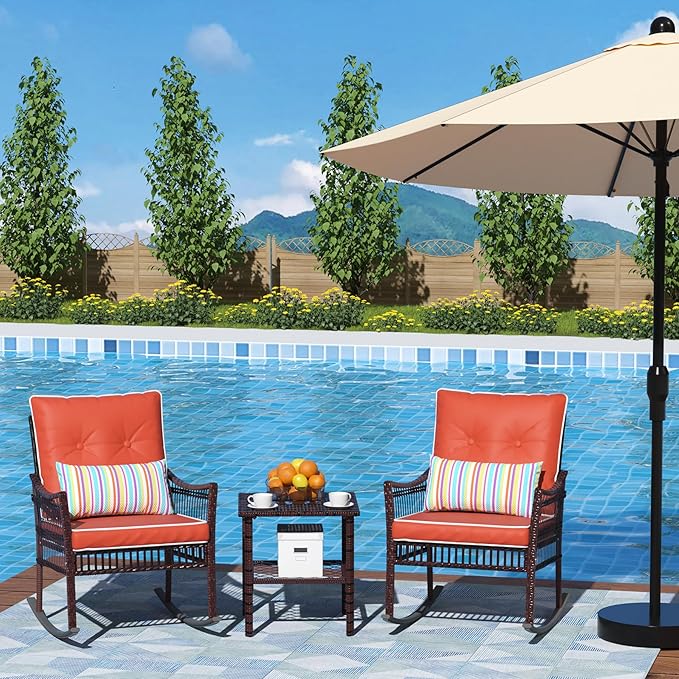 DECMICO 3-Piece Outdoor Rocking Chair Set, Wicker Bistro Furniture | Orange by DECMICO