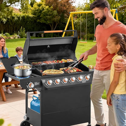Lyromix 6 Burner Propane Gas Grill with Side Burner, Gas BBQ Grills With Porcelain-Enameled Cast Iron Grates and Bottle Opener, Grill for Outdoor Cooking, Patios, Backyards, 72000BTU