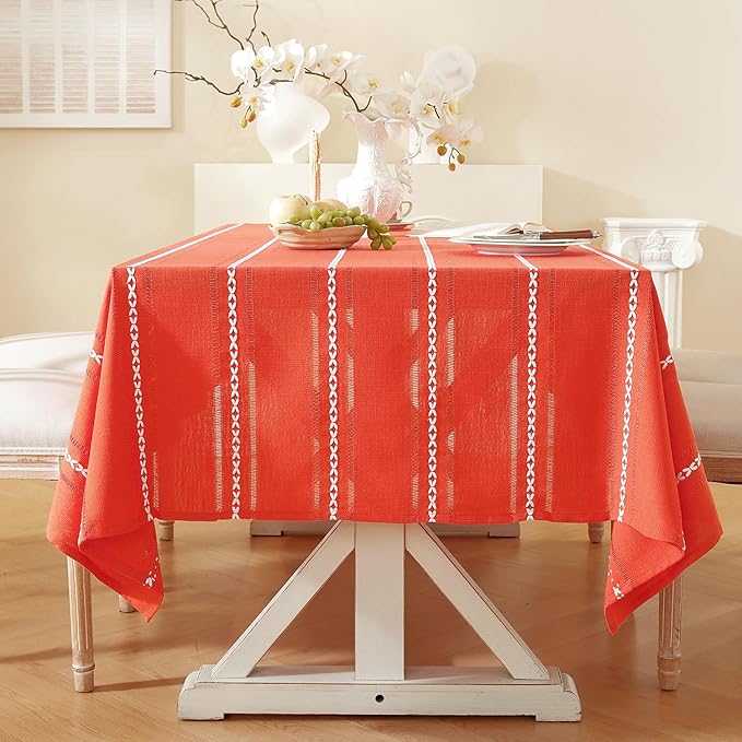 Chassic 60 x 104 inches Farmhouse Style Linen tablecloths, Wrinkle Resistant Washable Dining Room Table Cloths for 6 Foot Rectangle Tables - Hemstitch Maple Orange
