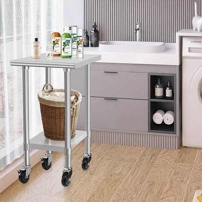 HARDURA Stainless Steel Commercial Table Prep & Work Table with Casters Heavy Duty Metal Table with Wheels NSF 430 24×24 Inches