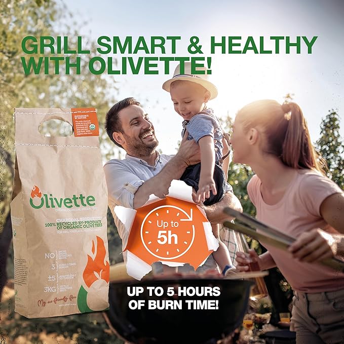 Organic Charcoal Briquettes by Olivette, Reusable Charcoal for Grilling, USDA Certified, Recycled Olive Tree Byproduct, Ready to Light BBQ Charcoal, 6.6 lb. Bag Equal to 20 lb. of a Regular Charcoal