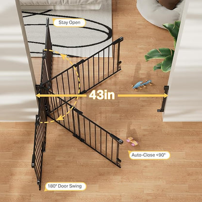 Cumbor 34" Extra Tall No Bottom Bar Baby Gate for Stairs, Wall Mounted Dog Gate Indoor for Larger Pets, Expandable 29.2-43" Safety Gate for Doorways, Wide Walk Thru Door for Easy Access (Black)