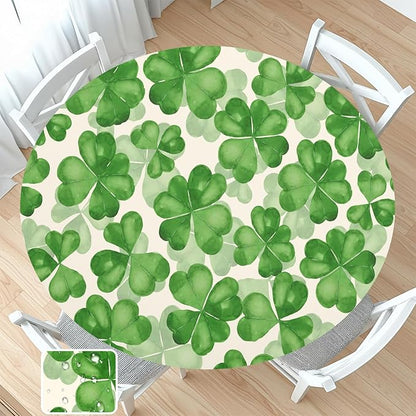 St Patricks Day Round Fitted Tablecloth with Elastic Spring Green Watercolor Shamrock Circle Table Cloth for 44-48" Tables Waterproof Washable Clover Leaf Floral Table Cover for Outdoor Picnic Dining