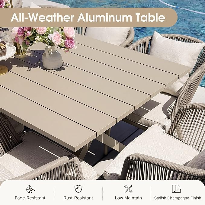 PURPLE LEAF 16 Pieces Patio Dining Set Wicker Outdoor Furniture Rectangular Table and Chairs Set for Garden Deck Aluminum Frame Backyard Kitchen Set, Cushions and Pillows Included Champagne