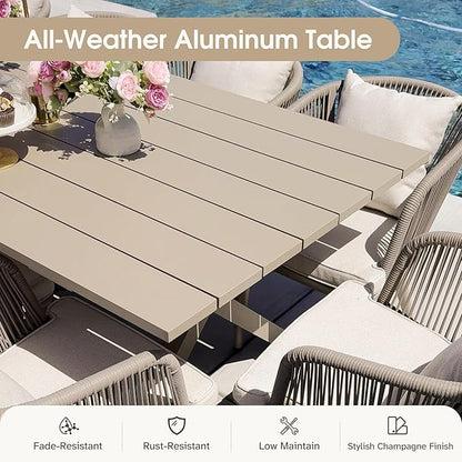 PURPLE LEAF 7 Pieces Patio Dining Set Wicker Outdoor Furniture Rectangular Table and Chairs Set for Garden Deck Aluminum Frame Backyard Kitchen Set, Cushions and Pillows Included Champagne