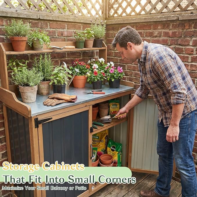 Outdoor Storage Cabinet with 4 Wheels and Handle, Metal & Wood Potting Bench - Image 6