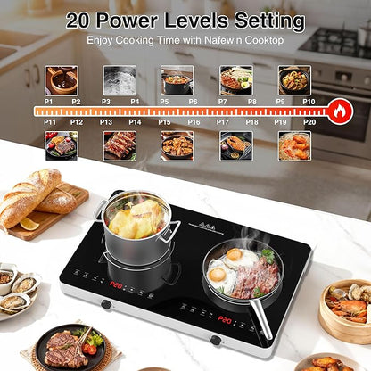 Double Induction Cooktop, 2 Burner Induction Burner 20 Temperature & Power Levels Portable Electric Stove Countertop Burners, Knob Control, Child Safety Lock & 4H Timer, Auto Shut-Off