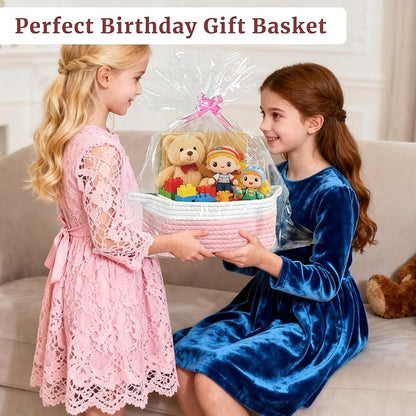 Succwoah 8 Pack Small Woven Baskets with Gift Bags & Ribbons & Cards, Cotton Rope Nursery Storage with Handles, 12"x8"x5", Empty Gift Baskets for Baby Shower, Christmas, Thanksgiving, Organizer (Pink)
