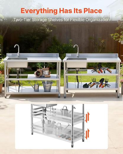 VEVOR Stainless Steel Utility Sink, Free Standing Single Bowl Commercial Kitchen Sink with Faucet and Hot & Cold Water Pipe, Dual Storage Shelves for Garage, Restaurant, Laundry, 47.2 x 19.7 x 37 in