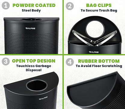 Alpine Half Round Trash Can Open Top - Modern Black Metal 12 Gallon Half Moon, Space Saving Indoor Commercial Trash Cans with Lid, Narrow Garbage Can for Bathroom, Office, Lobby and Business.