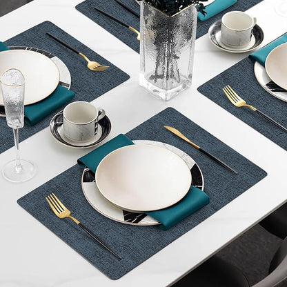 Faux Leather Heat Resistant Placemats Set of 8 – Waterproof Oilproof Wipeable Dining PU Vinyl Place Mat Easy Clean Table Mats for Kitchen/Dining/Party/Holiday, Navy
