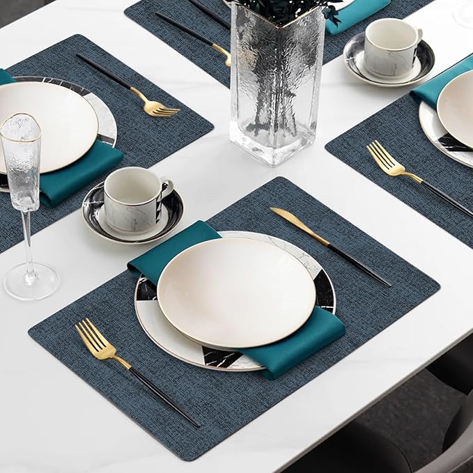 Faux Leather Heat Resistant Placemats Set of 6 – Waterproof Oilproof Wipeable Dining PU Vinyl Place Mat Easy Clean Table Mats for Kitchen/Dining/Party/Holiday, Navy Blue