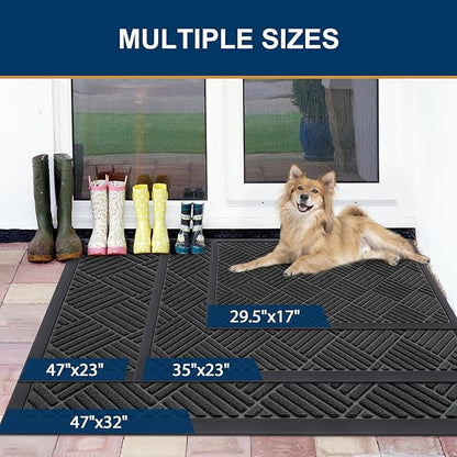 Smiry Front Door Mat Outside Entrance, Heavy Duty Outdoor Indoor Natural Rubber Doormat, Non Slip, Trap Dirt and Moisture, Easy Clean, Low Profile Patio Porch Entryway Mat, 29.5x17, Black