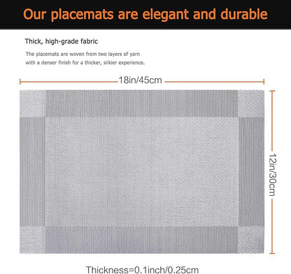 Placemats Set of 6 Washable&Wipeable Silver Place mats for Dining Table Kitchen Indoor Outdoor Table Mats Heat Resistant Non Slip Woven Vinyl Table Placemats (Grey，6PCS)