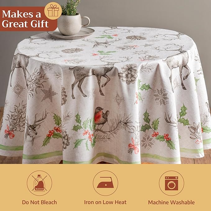 Maison d' Hermine Table Cloth Round Table 100% Cotton 63 Inches Fall Tablecloth Reusable Everyday Use for Thanksgiving Christmas Decorations Dining Farmhouse Party (Christmas Dew)