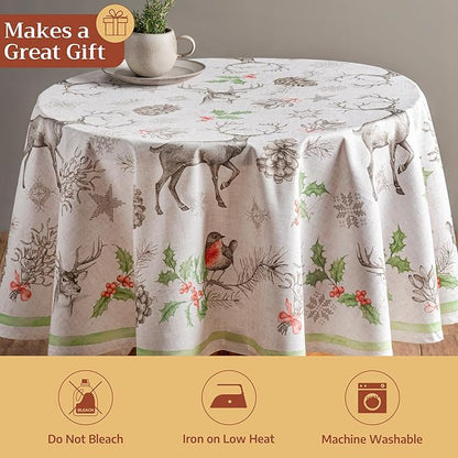 Maison d' Hermine Table Cloth Round Table 100% Cotton 63 Inches Fall Tablecloth Reusable Everyday Use for Thanksgiving Christmas Decorations Dining Farmhouse Party (Christmas Dew)