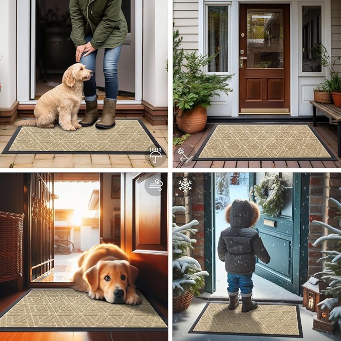Smiry Front Door Mat Outside Entrance, Heavy Duty Sturdy Natural Rubber Doormat, Trap Dirt and Moisture, Easy Clean Low Profile Mats for Indoor Outdoor Entry, Grid Geometric (36x24, Beige)