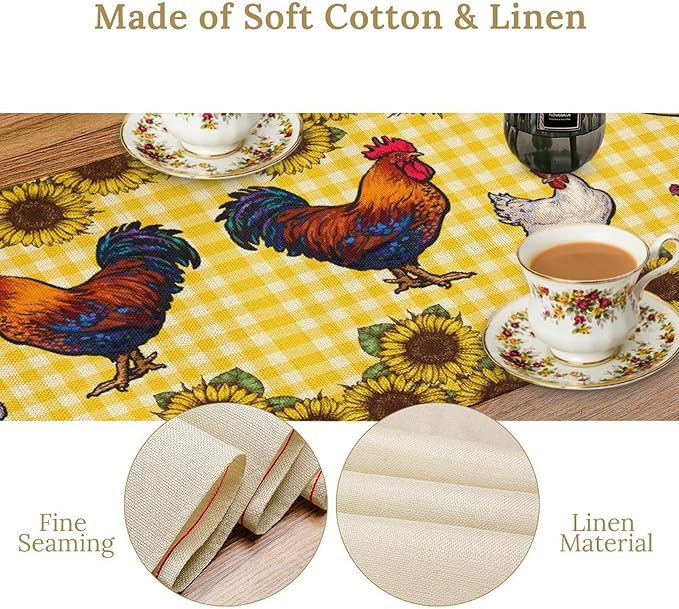 Farm Rooster Table Runner, Retro Western Farmhouse Chicken Sunflower Retro Yellow Buffalo Grid Print Table Runner for Dinning Holiday Party Indoor Outdoor Decor, 13x60inch