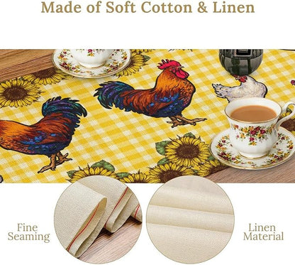 Farm Rooster Table Runner, Retro Western Farmhouse Chicken Sunflower Retro Yellow Buffalo Grid Print Table Runner for Dinning Holiday Party Indoor Outdoor Decor, 13x60inch