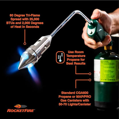 ROCKETFIRE Fire Starter Torch | Perfect Propane Torch Head, Grill Gun, Charcoal Torch | Compatible with Bernzomatic Propane & MAP/PRO Fuels | Stainless Steel Tri-Flame Tip | Fuel NOT Included | Red
