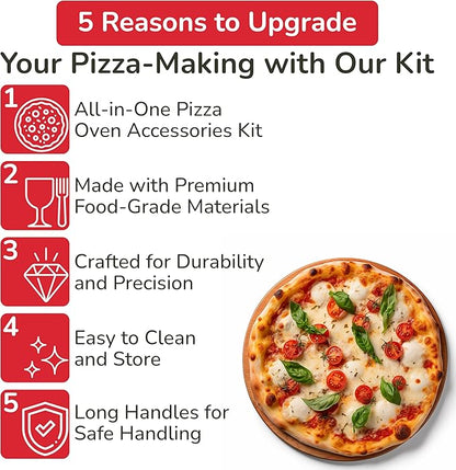 Pizza Oven Accessories Set - 3 Piece Pizza Making Kit with Pizza Peel, Pizza Oven & Stone Brush with Scraper, Turning Fork & Bubble Popper - Tools for Indoor Outdoor Brick Wood Gas Ovens