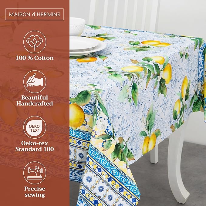 Maison d' Hermine Table Cloth Rectangle Table 100% Cotton 54 x 72 Inches Tablecloth Reusable Decorative Everyday Use for Dining Room, Farmhouse, Home, Party, Festive & Wedding Spring Summer - Citrus