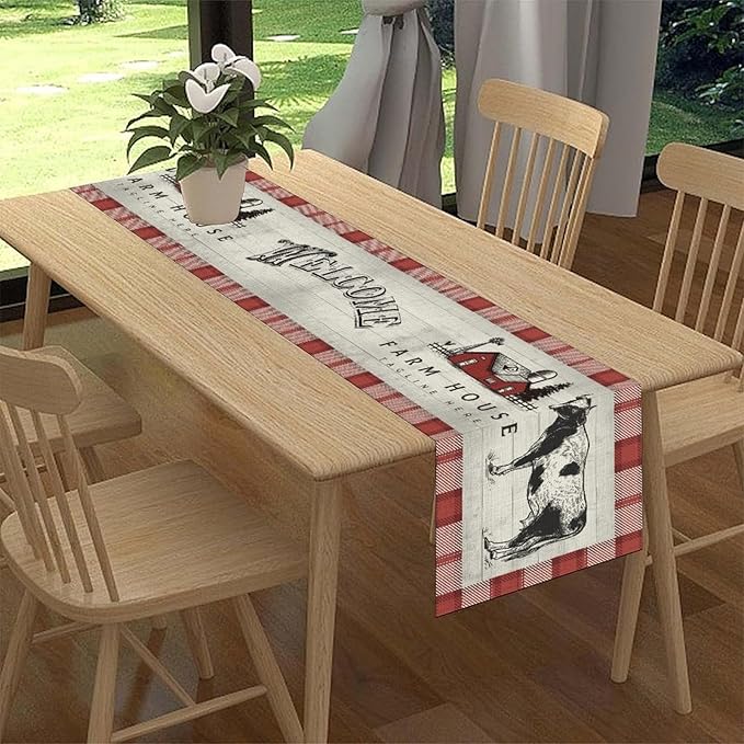 Farmhouse Cow Table Runner, Rustic Red Plaid Animals Buffalo Coffee Table Center Decor for Family Kitchen Dining Room and Living Room Outdoor Country Holiday Party Table Decorations, 13" X 72"