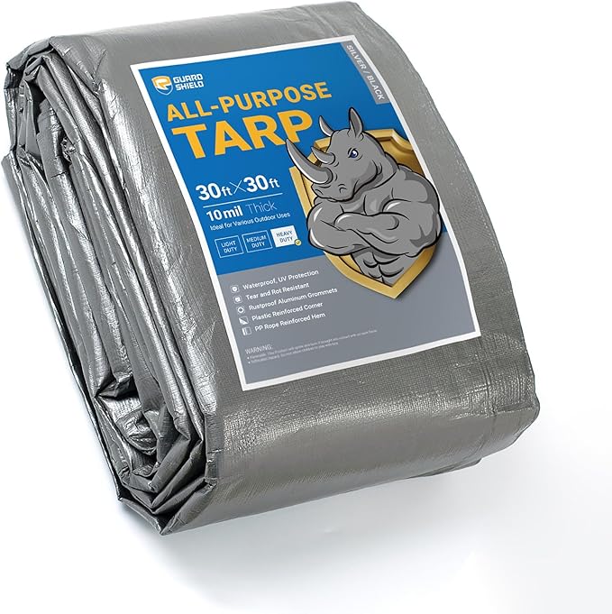 GUARD SHIELD Heavy Duty Tarp 30x30 Feet Silver/Black Multi Purpose Thick Waterproof Poly Tarp Cover 10mil