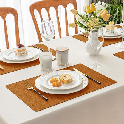 Romanstile Vinyl Placemats Set of 6-12 X 17 Inch - Heat Resistant Place Mats 100% Waterproof Oilproof Wipeable Reversible Faux Leather Table Mats for Kitchen, Dining, Party, Outdoor, Orange