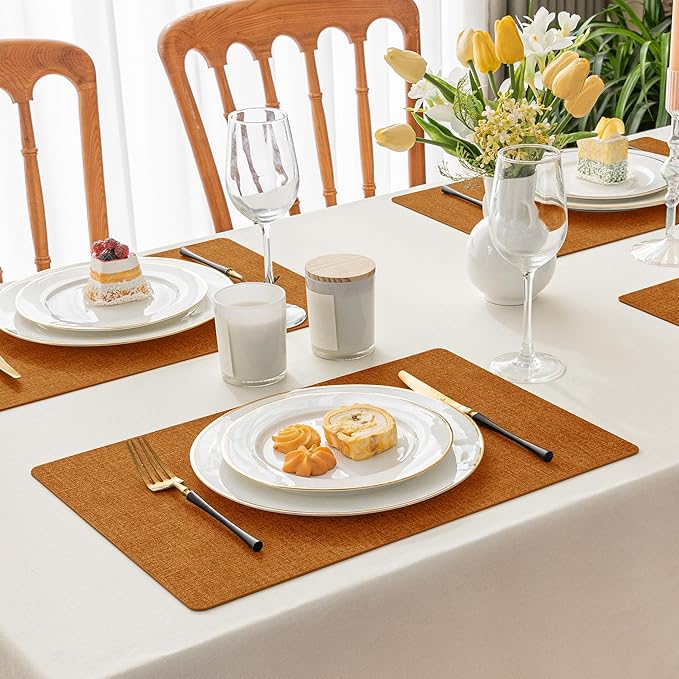 Romanstile Vinyl Placemats Set of 4-12 X 17 Inch - Heat Resistant Place Mats 100% Waterproof Oilproof Wipeable Reversible Faux Leather Table Mats for Kitchen, Dining, Party, Outdoor, Orange