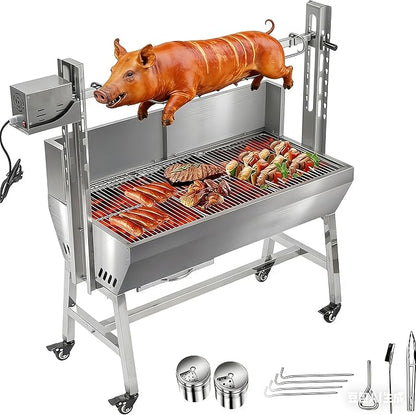 Electric Rotisserie Grill Kit with Windscreen, Large Charcoal Grill with Motor, Stainless Steel Automatic Pork Grill & Outdoor Lamb Goat Roaster, 132 Lbs Capacity for Camping Outdoor