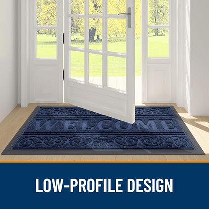 OLANLY Welcome Door Mat Indoor Outdoor Entrance, Heavy Duty Sturdy Front Door Mat, Waterproof All-Weather Doormat, Stain Resistant, Low Profile, Easy Clean Patio Entryway Mat, 36 x 24, Navy Blue