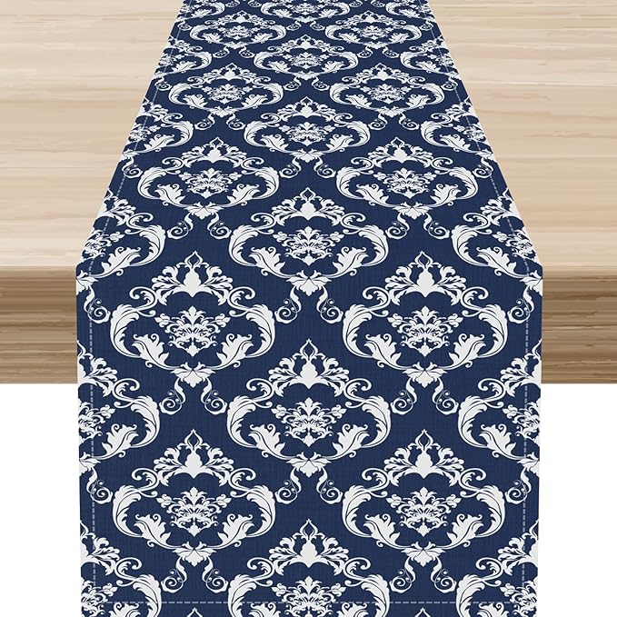 Blue Damask Table Runner, Rustic Gothic Baroque Style Floral Bohemian Boho Flower Antique Vintage Coffee Table Center Decor for Kitchen and Dining Outdoor Country Party Table Decorations, 13"x90"
