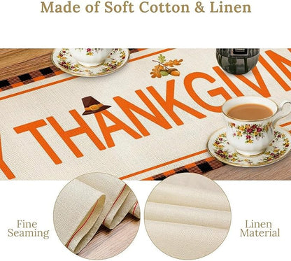 Happy Thanksgiving Table Runner, Autumn Pumpkin Maple Leaves Turkey Print Fall Harvest Holiday Kitchen Dining Table Decor for Indoor Outdoor Party, 13x90inch