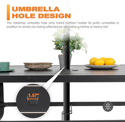 NUU GARDEN Outdoor 61" x 37" Rectangle Dining Table with 1.57" Umbrella Hole, 6-Person Steel Slat Outdoor Patio Table, for Patio, Garden, Backyard and Balcony, Black