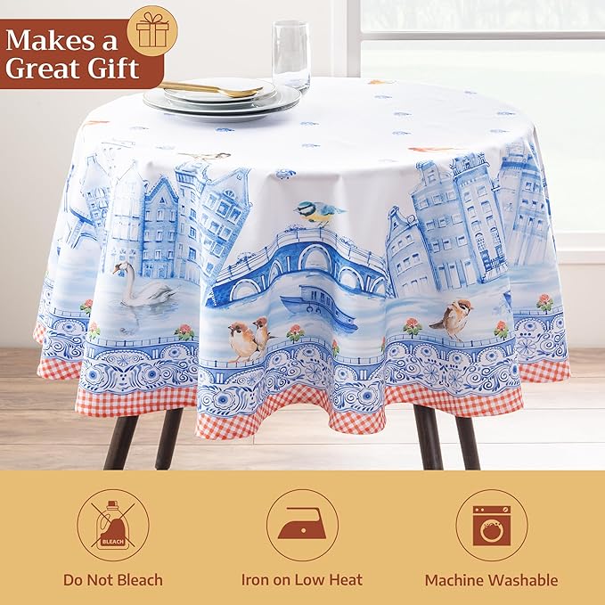 Maison d'Hermine Table Cloth Round Table 100% Cotton Tablecloth for Dining Room, Farmhouse, Home, Hotel, Parties & Wedding - Ideal for Easter Decorations Spring & Summer (Amsterdam Canals, 63" Round)
