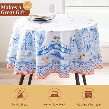 Maison d'Hermine Table Cloth Round Table 100% Cotton Tablecloth for Dining Room, Farmhouse, Home, Hotel, Parties & Wedding - Ideal for Easter Decorations Spring & Summer (Amsterdam Canals, 63" Round)