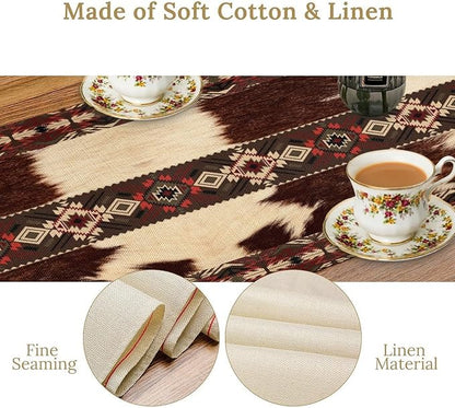Cowhide Table Runner, Brown Cow Western Exotic Aztec Wild Animals Skin Table Runner for Kitchen Farmhouse Dining Home Outdoor Party 13x60in