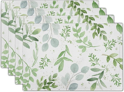 Giwawa Leaf Spring Placemats Set of 4 Sage Green Eucalyptus Leaves Linen Non Slip Place Mat Watercolor Summer Botanical Rustic Farmhouse Kitchen Decorations 12x18 Inch for Home Dining Table Party