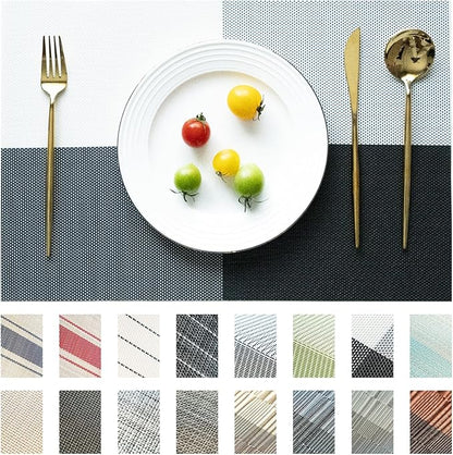Placemats Set of 12 Vinyl/Plastic Woven Place Mats for Kitchen Table Indoor/Outdoor Washable Placemat Wipeable Dining Table Mats (Grey Grid,12)