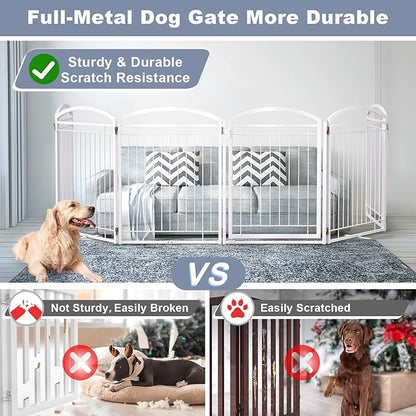 Full Metal Free Standing Dog Gate with Door for Indoor Outdoor, 144'' Extra Wide 32'' Tall Dog Gate for Doorways,Large Openings,Decks,Freestanding Portable Pet Fence(6 Panels,Black)