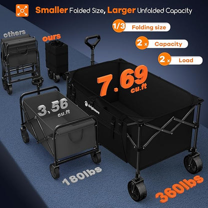 220L Collapsible Wagon Cart Foldable, 38" L Extra Large Heavy Duty Folding Beach Wagons with All-Terrain Wheels, Utility Carts for Camping, Sports, Shopping, Groceries - Black