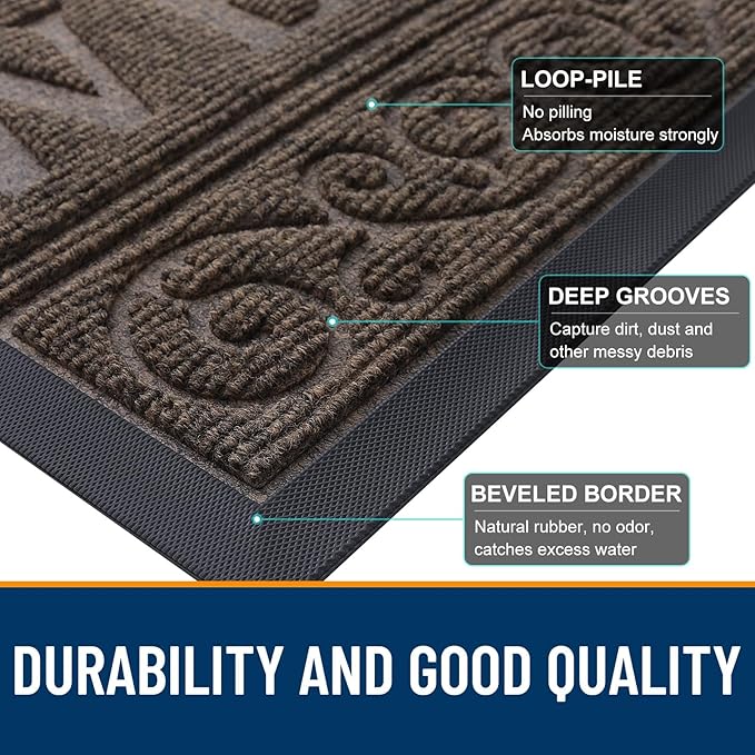 OLANLY Welcome Door Mat Indoor Outdoor Entrance, Heavy Duty Sturdy Front Door Mat, Waterproof All-Weather Doormat, Stain Resistant, Low Profile, Easy Clean Patio Entryway Mat, 47 x 24, Medium Brown