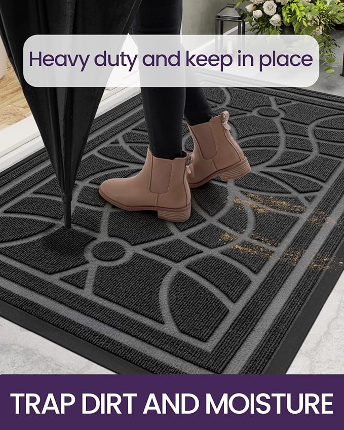 DEXI Front Door Mat Outside Entrance, Heavy Duty Non Slip Low Profile Doormat for Entryway, Trap Dirt and Moisture Welcome Mats, Easy Clean, Patio, Garage, 5x3, Grey