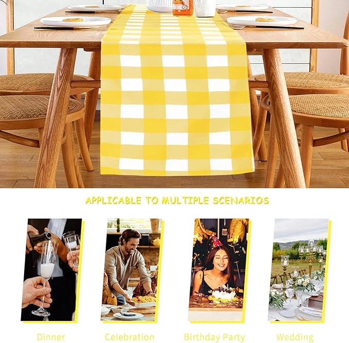 Fabric Checkered Table Runner 12 Pack Waterproof Gingham Table Runner 14W x 108L Buffalo Check Table Runners for Parties Kitchen Dining Wedding Banquet (Yellow and White)