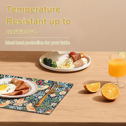 William Morris Strawberry Thief Placemats - Placemats set of 4 Faux Leather Heat Resistant for Dinner Table, Non-Slip Waterproof Oil-Proof Washable Reusable Placemat for Indoor Outdoor Kitchen