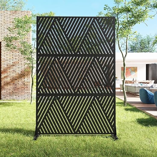 Casaphoria Metal Privacy Screen Outdoor, 72" H x 47" W Freestanding Decorative Privacy Screen for Patio Deck Balcony Garden with Stable Base, Black V Shape
