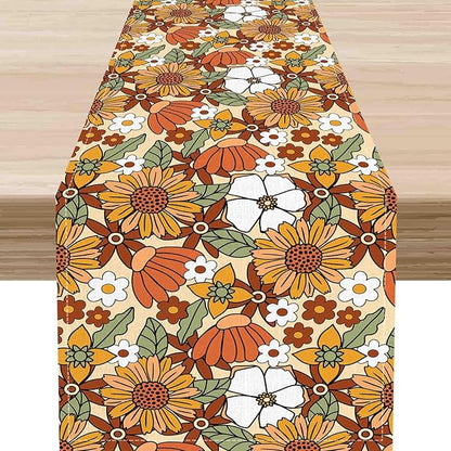 70s Floral Table Runner, Retro Groovy Hippie Oange Floral Funky Daisy Trippy Coffee Table Center Decor for Home Kitchen Dining Patio Holiday Party Indoor Outdoor Table Decorations, 13"x72" Inch