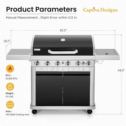 Captiva Designs 6-Burner Propane Gas BBQ Grill with Side Burner & Porcelain-Enameled Cast Iron Grate and Plate for Outdoor Barbucue Events, 52,000 BTU Output,740 SQ.IN. Cooking Area，Heavy Duty
