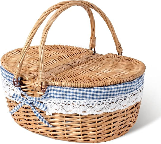 GRANNY SAYS Wicker Picnic Basket for 2 with Handles, Woven Cute Boo Basket with Washable Liner & Dual-Flip Lid, Vintage Large Picnic Baskets for Camping, Outdoor, Gift, Blue and White Checkered Liner